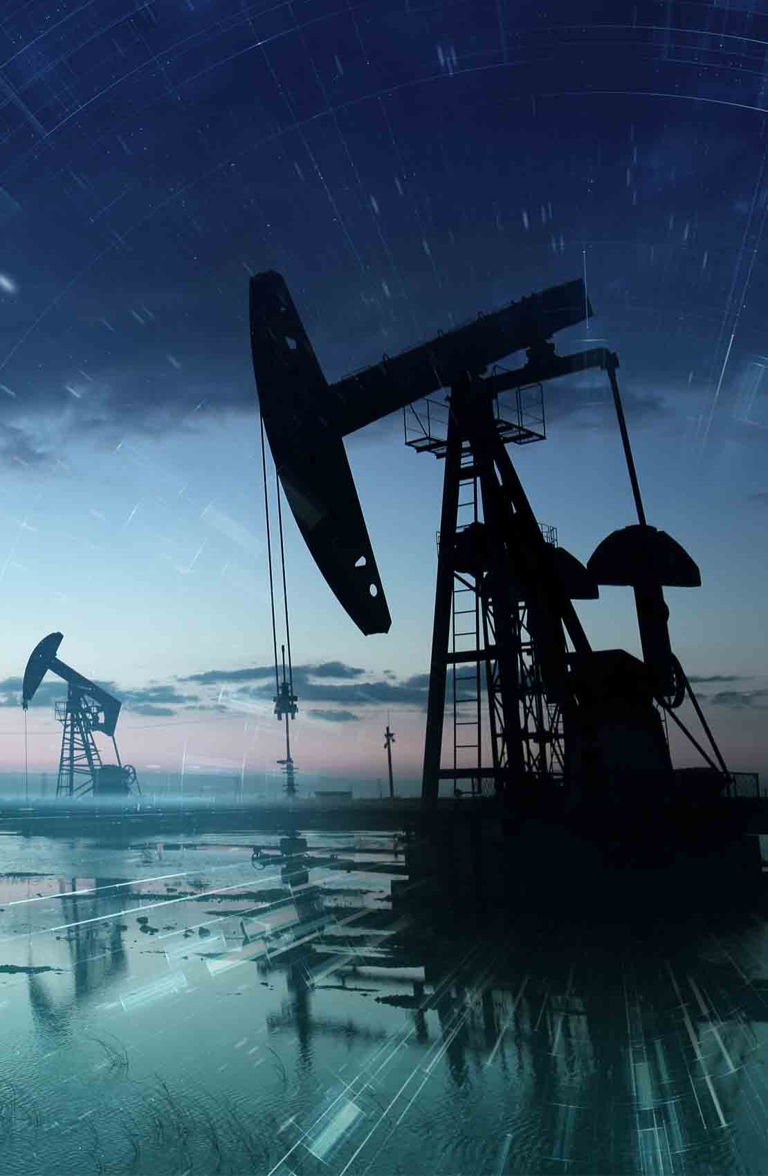 Silhouette of pumpjack.